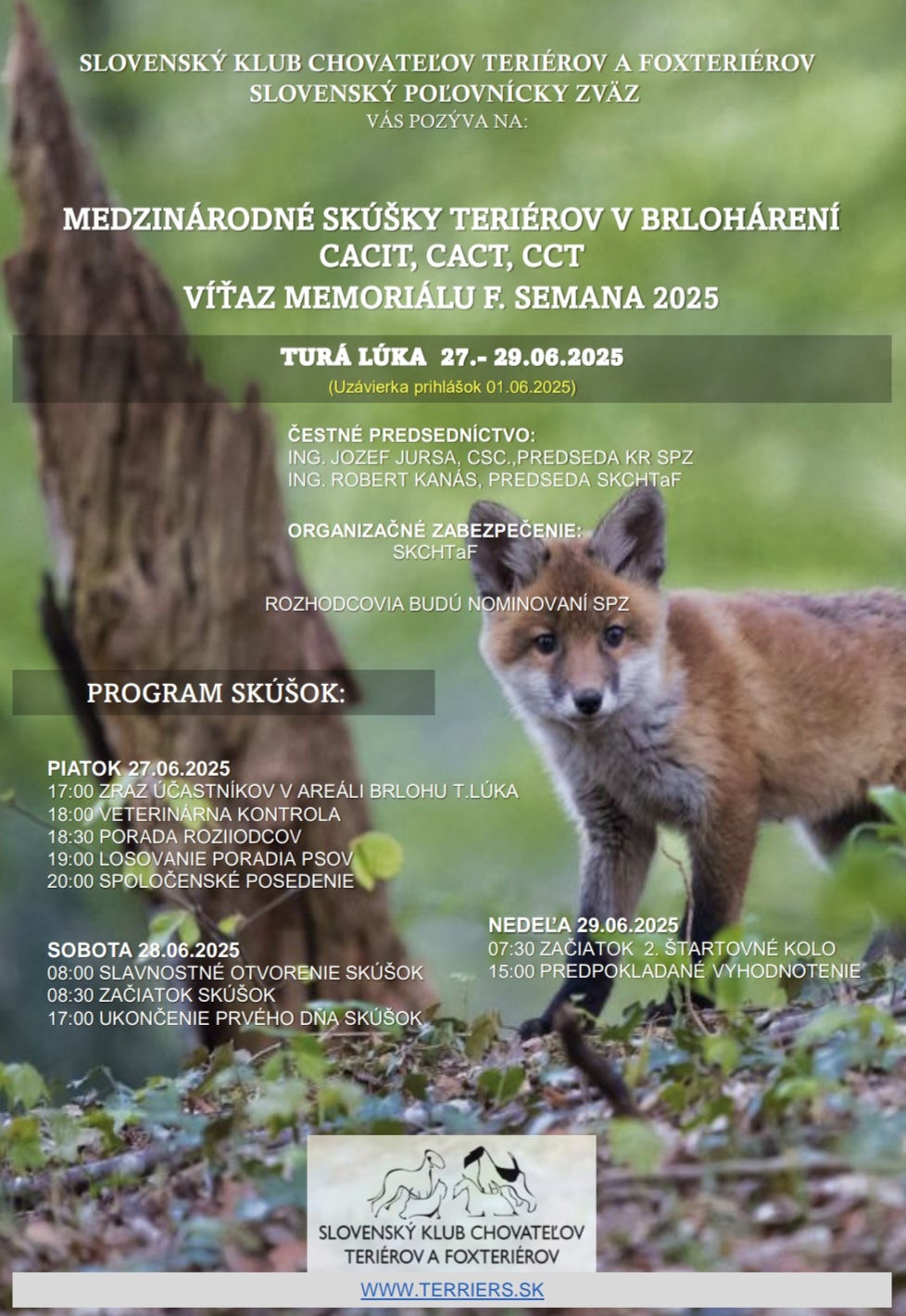 Read more about the article MEDZINÁRODNÉ SKÚŠKY TERIÉROV V BRLOHÁRENÍ, MEMORIÁL F. SEMANA TURÁ LÚKA 27.-29.6.2025