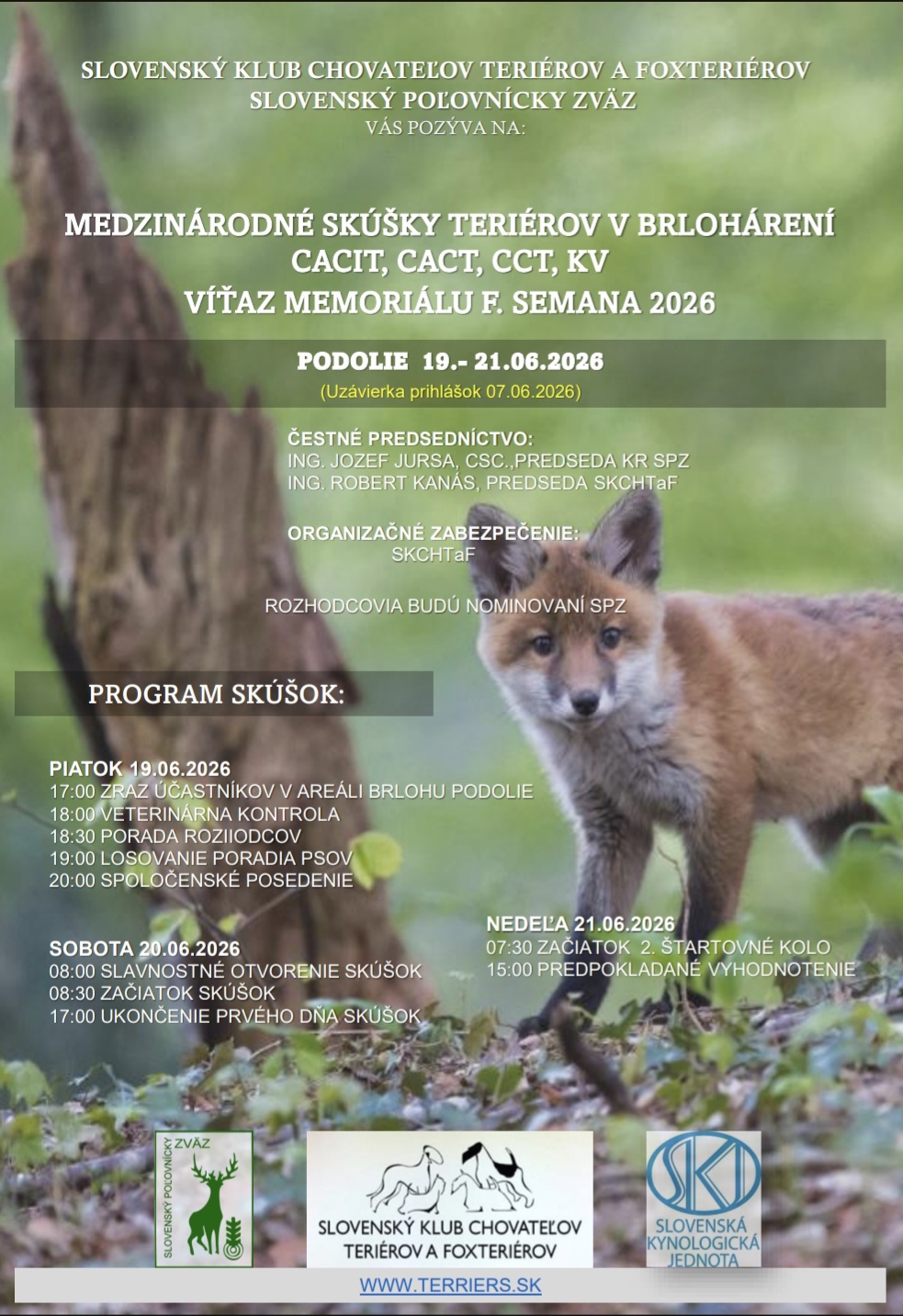 Read more about the article MEDZINÁRODNÉ SKÚŠKY TERIÉROV V BRLOHÁRENÍ CACIT, CACT, CCT, KV, VÍŤAZ MEMORIÁLU F. SEMANA 2026 PODOLIE 19.-21.6.2026