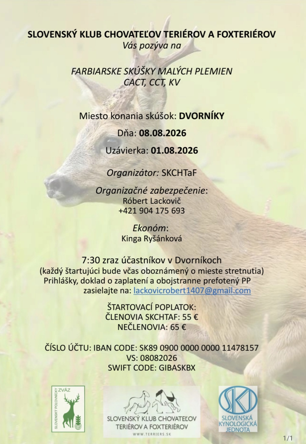 Read more about the article FARBIARSKE SKÚŠKY MALÝCH PLEMIEN CACT, CCT, KV DVORNÍKY 8.8.2026
