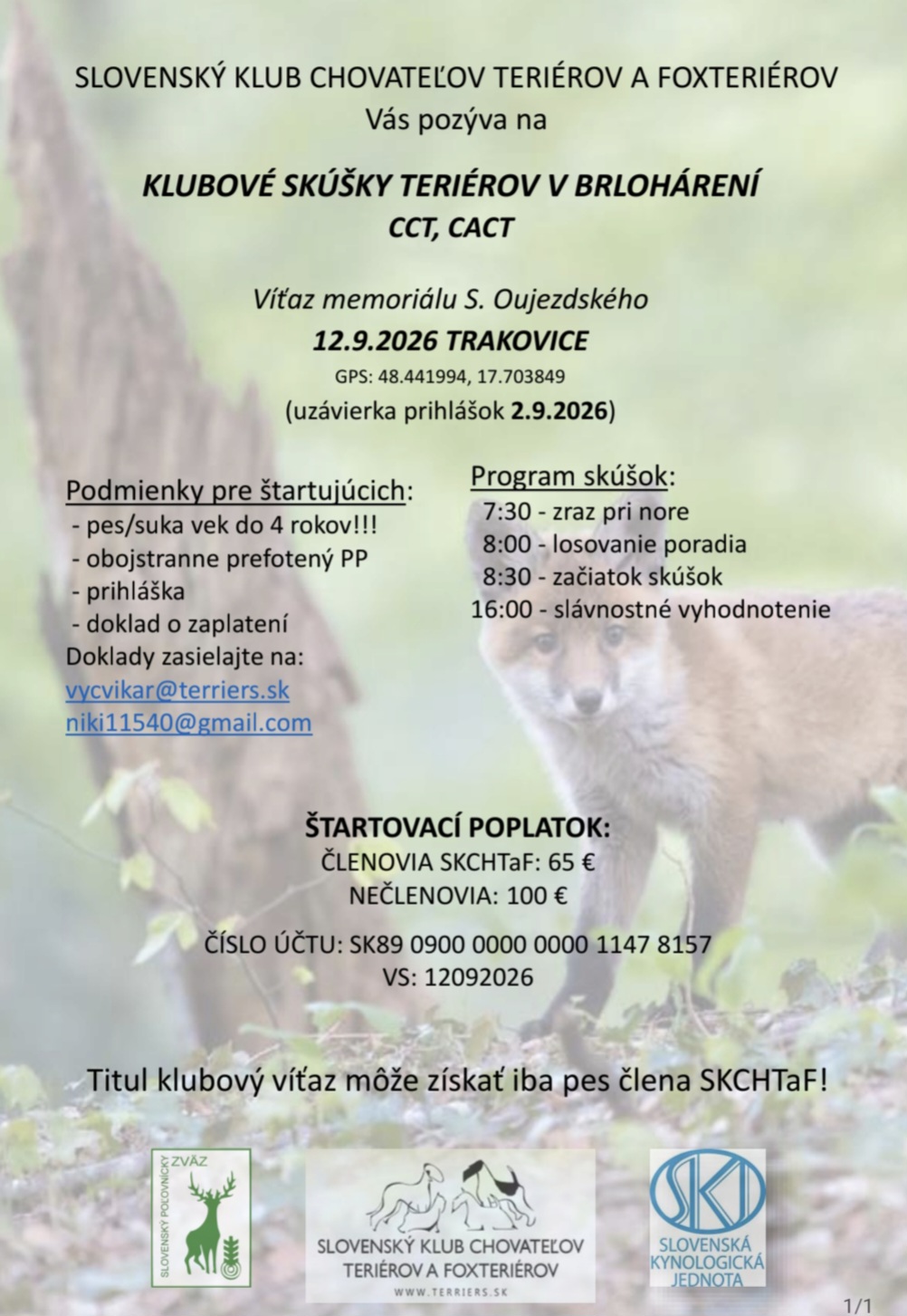 Read more about the article KLUBOVÉ SKÚŠKY TERIÉROV V BRLOHÁRENÍ CACT, CCT TRAKOVICE 12.9.2026